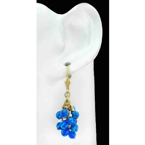 Genuine Blue Opals Dangling Earrings 14k Yellow Gold